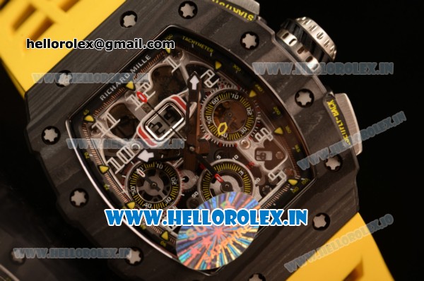 Richard Mille RM11-03 Swiss Valjoux 7750 Automatic Carbon Fiber Case Skeleton Dial With Arabic Numeral Markers Yellow Rubber Strap 1:1 Original(KV) - Click Image to Close